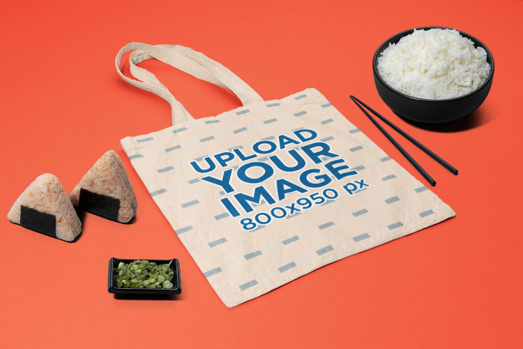 Tote Bag Mockup Featuring Sushi and Rice