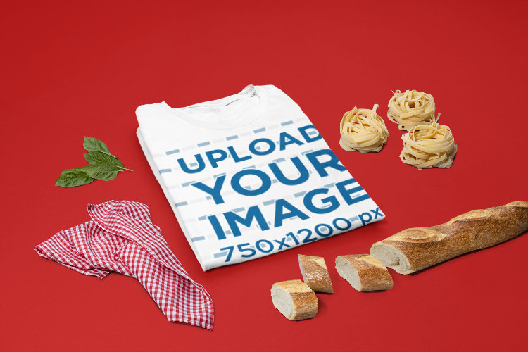 Mockup of a Bella Canvas T-Shirt Surrounded by Italian Food