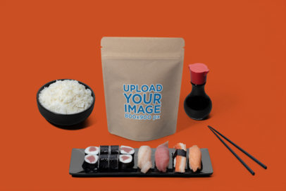 Mockup of a Doypack Standing Next to Japanese Food Graphics m27803B