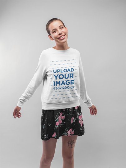 Happy Short-Haired Woman Wearing a Sweater Mockup while Dancing