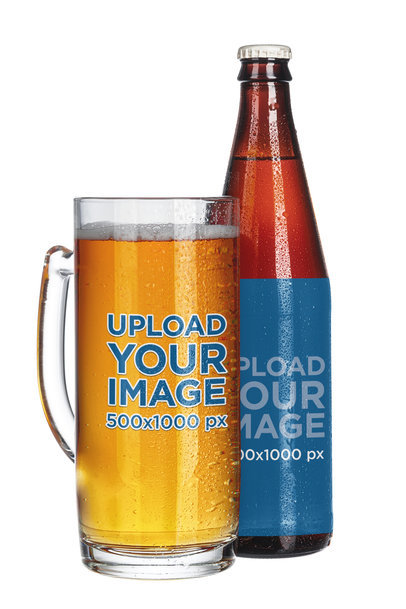 Mockup of a Beer Bottle and a Beer Glass Placed Over a White Background