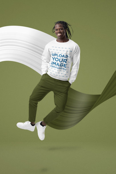Sweatshirt Mockup Featuring a Smiling Man with Braids Making a Small Jump