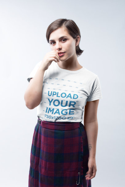 Short Haired Woman Wearing a T-Shirt Mockup Against a White Background