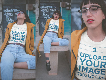 Multishot of a Hipster Girl Wearing a T-Shirt Mockup on the Street a18999