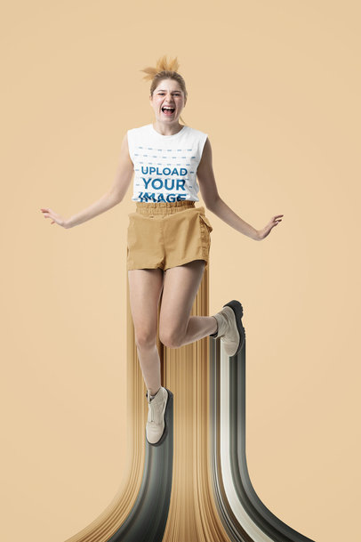 Sleeveless Tee Mockup Featuring a Cheerful Woman Jumping