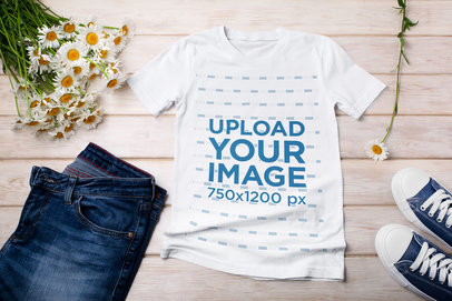 Outfit-Themed Mockup of a T-Shirt Featuring Jeans and Some Flowers