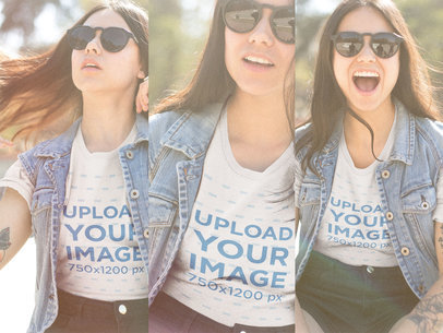 Multishot T-Shirt Mockup of a Happy Woman Wearing a T-Shirt and Sunglasses a19024