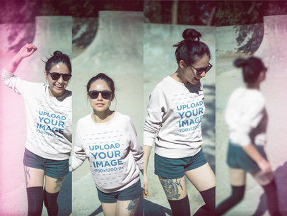 Woman Wearing a Crewneck Sweatshirt Mockup Laughing in Four Positions a19025