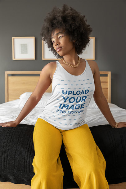 Bella Canvas Tank Top Mockup of a Woman Sitting on Her Bed