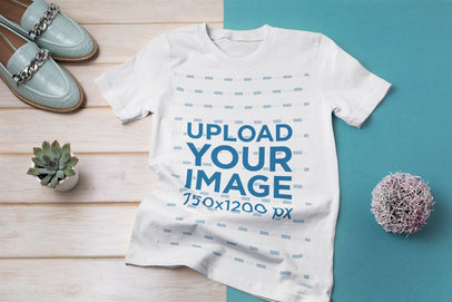 T-Shirt Mockup Featuring a Pair of Blue Shoes