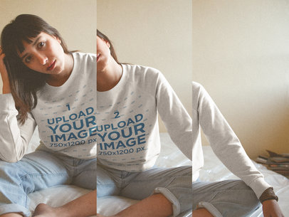 Triple Shot of a Girl Wearing a Crewneck Sweater Mockup on her Bed a19003
