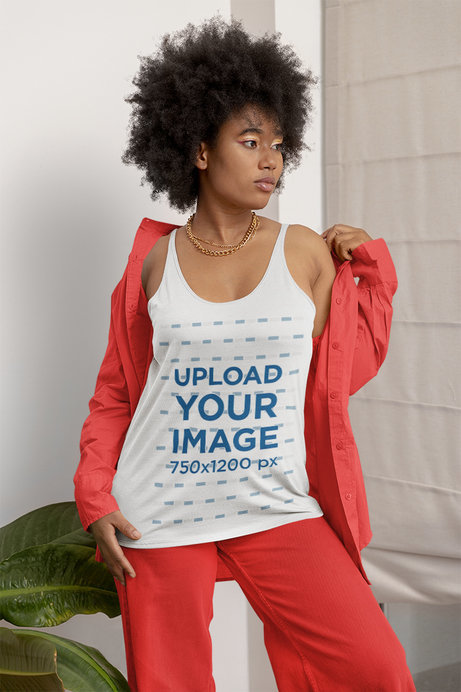 Pajamas Mockup of a Woman with Afro Hair Wearing a Bella Canvas Tank Top