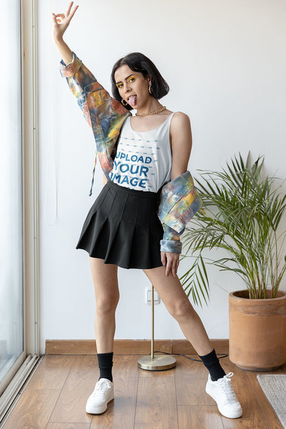 Mockup of a Woman in a Modern Outfit Wearing a Bella Canvas Tank Top