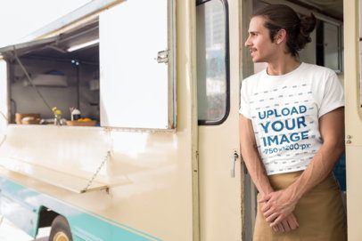 Man Wearing a T-Shirt Mockup Waiting on his Food Truck