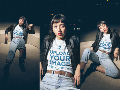 Triple Shot of a Woman Wearing a T-Shirt Mockup at Night a19004