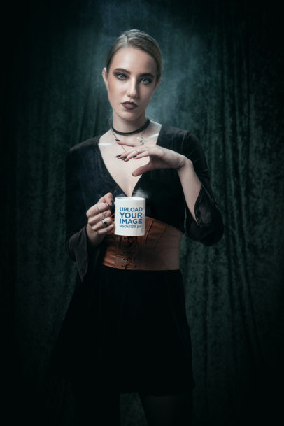 Coffee Mug Mockup Featuring a Serious Woman Posing in a Wicca-Themed Setting
