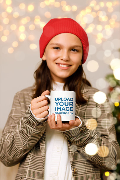 Xmas-Themed Mockup of a Smiling Girl Holding an 11 oz Mug