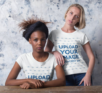 Mockup of two Women Wearing Customizable T-Shirts