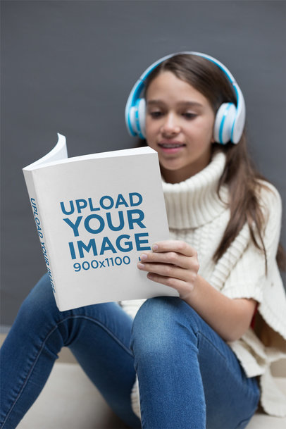 Girl Reading a Book Mockup Listening to Music