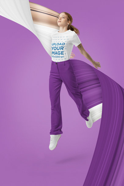 Mockup of a Jumping Woman Wearing a Rounded-Neck Tee m29223