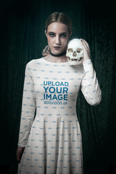 Long Sleeve Midi Dress Mockup Featuring a Serious Woman Holding a Skull in a Wicca Setting m30548