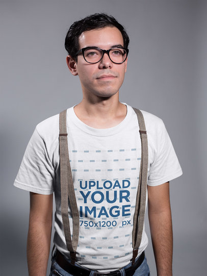 Nerd Guy Wearing a T-Shirt Mockup and Suspenders