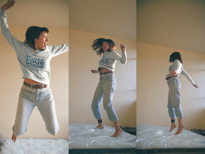 Triple Shot of a Woman Wearing a Crewneck Sweater Mockup Jumping on her Bed a18998