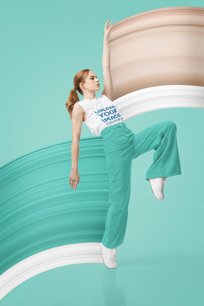 Sleeveless Tee Mockup Featuring a Woman Stretching Her Arm and Raising a Leg m29238