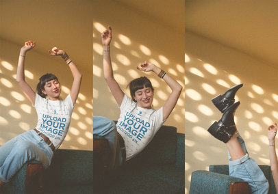 Girl Falling on a Sofa Wearing a T-Shirt Mockup a19001