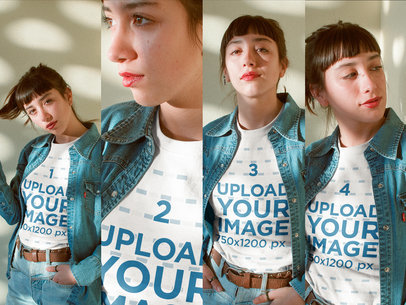 Multishot of a Woman Wearing a T-Shirt Mockup and a Denim Jacket a19000