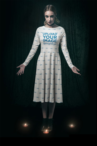 Long Sleeve Midi Dress Mockup of a Braided Woman in a Wicca Setting m30545