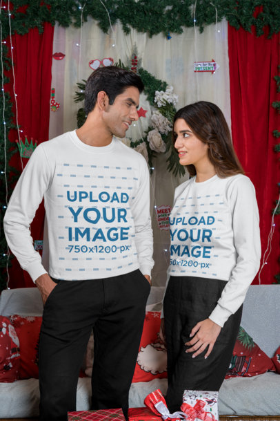 Sweatshirt Mockup Featuring a Happy Couple Celebrating Christmas m30627