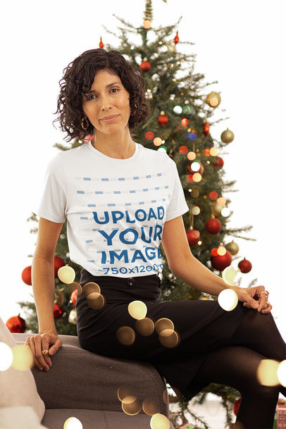 Round-Neck Tee Mockup of a Woman Posing by a Xmas Tree m30461