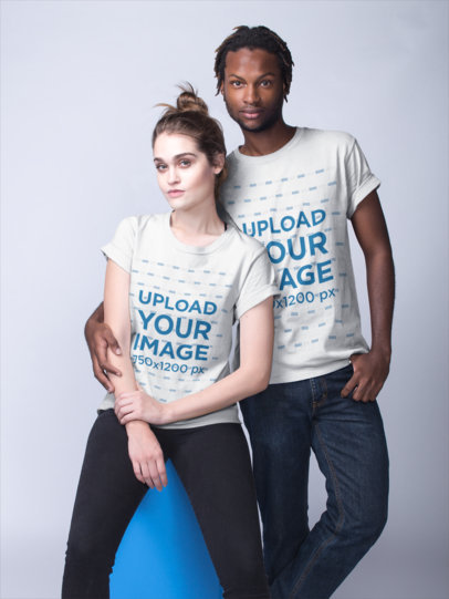 T-Shirts Mockup of an Interracial Couple at a Photo Studio