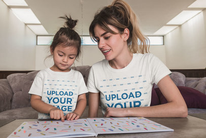 Mom and Girl Wearing T-Shirts Mockup While Learning About Colors