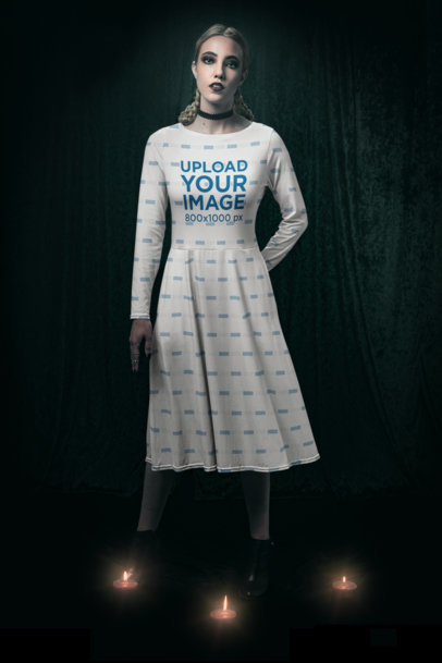 Wicca-Themed Mockup Featuring a Woman Wearing a Long Sleeve Midi Dress m30544
