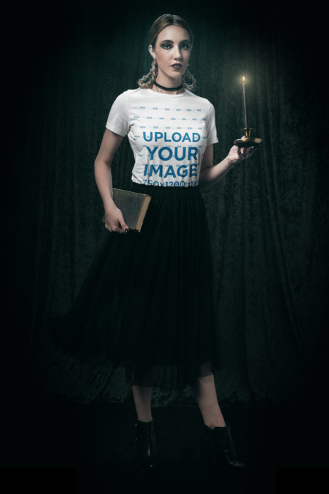 Bella Canvas T-Shirt Featuring a Woman Posing With Vintage Items in a Wicca Setting