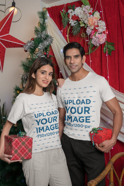 Xmas-Themed Mockup of a Man and Woman Wearing Gildan Tees