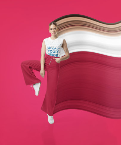 Sleeveless T-Shirt Mockup Featuring a Woman Standing on One Foot in a Magenta-Themed Backdrop m29236