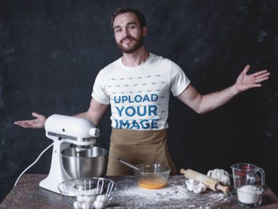 Satisfied Baker Wearing a T-Shirt Mockup at his Work Table