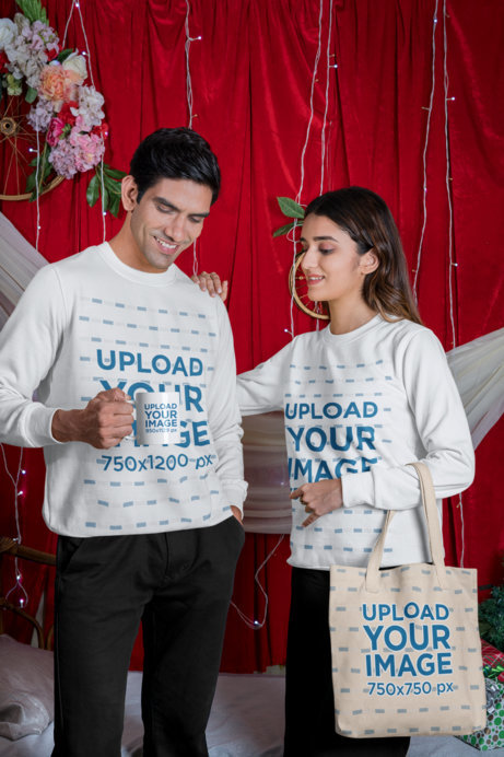 Sweatshirt Mockup Featuring a Happy Couple With a Mug and a Tote Bag