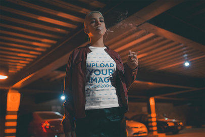 Short-Haired Woman Wearing a T-Shirt While Smoking at Night