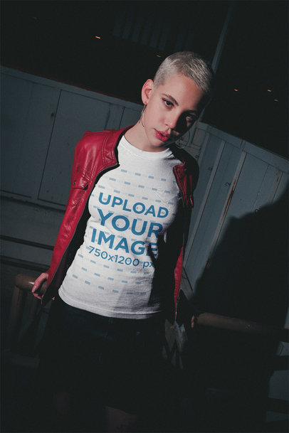 Portrait of a Short-Haired Woman Wearing a T-Shirt Mockup at Night
