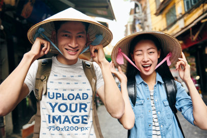Heathered T-Shirt Mockup Featuring a Tourist Man Hanging Out With His Girlfriend m30809 r-el2