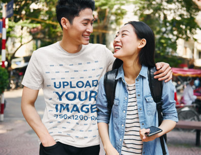 Heathered T-Shirt Mockup of a Smiling Man Hugging His Girlfriend m30808 r-el2