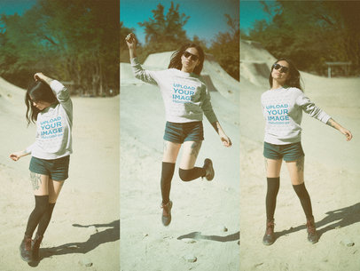 Multishot of a Tattooed Girl Wearing a Crewneck Sweatshirt Mockup while Jumping a19021