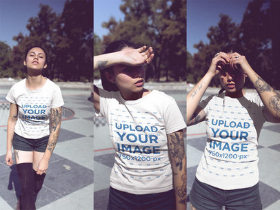Triple Shot of a Girl Wearing a T-Shirt Mockup Outdoors a19019