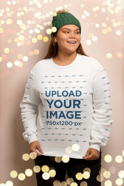 Round-Neck Sweatshirt Mockup of a Smiling Woman Surrounded by Bokeh Lights m30412