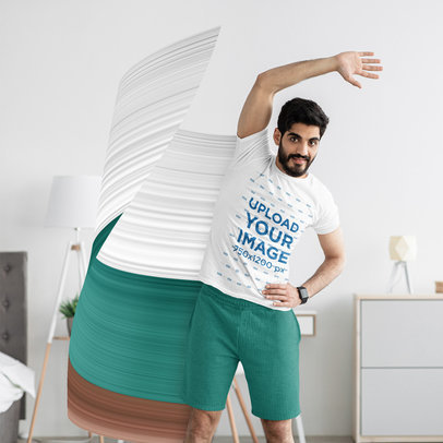 Round-Neck Tee Mockup of a Man Stretching in His Living Room