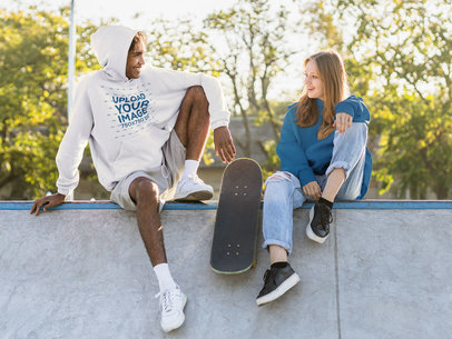 Pullover Hoodie Mockup of Two Friends Hanging by a Skate Park